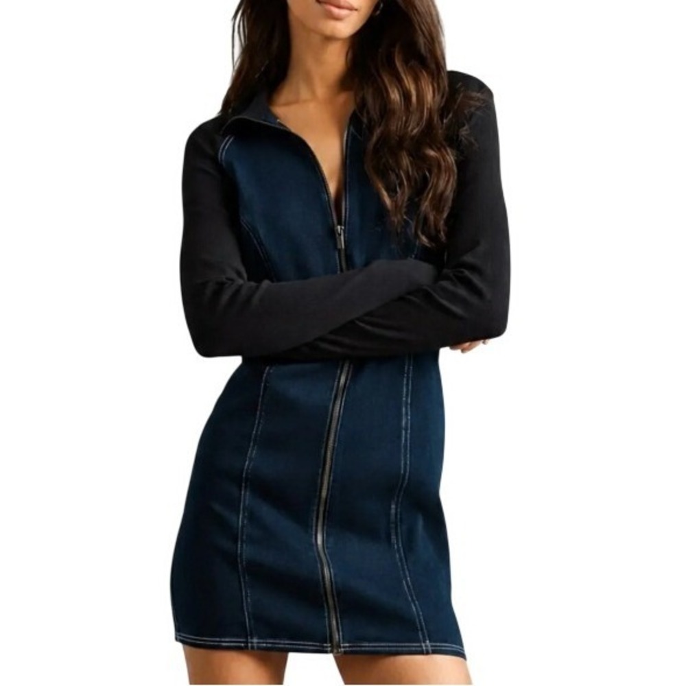 Anthropologie Pilcro Womens L Denim Knit Full Zip Long Sleeve Mini Dress NWT
